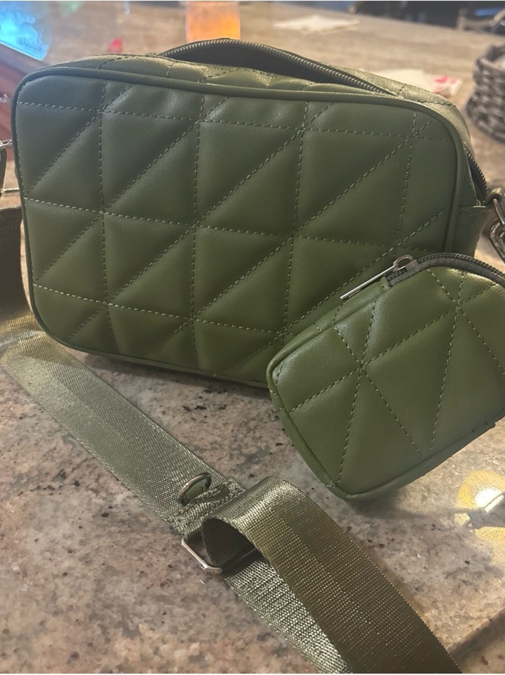 Quilted Olive Crossbody Bag with Coin Pouch